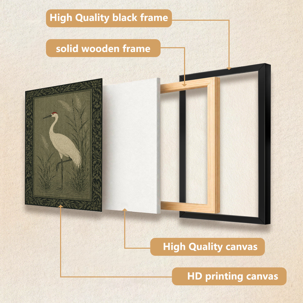 Framed Crane Bird Art Print, Vintage Style, Olive Green Background, Perfect for Home Decor