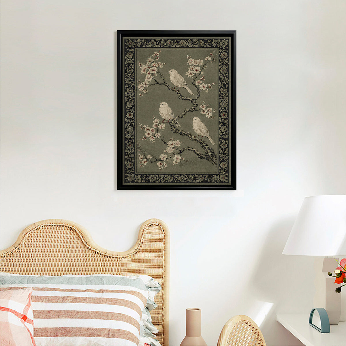 Framed Vintage Birds on Blossom Branches Art Print, Elegant Home Decor for Living Room or Staircase