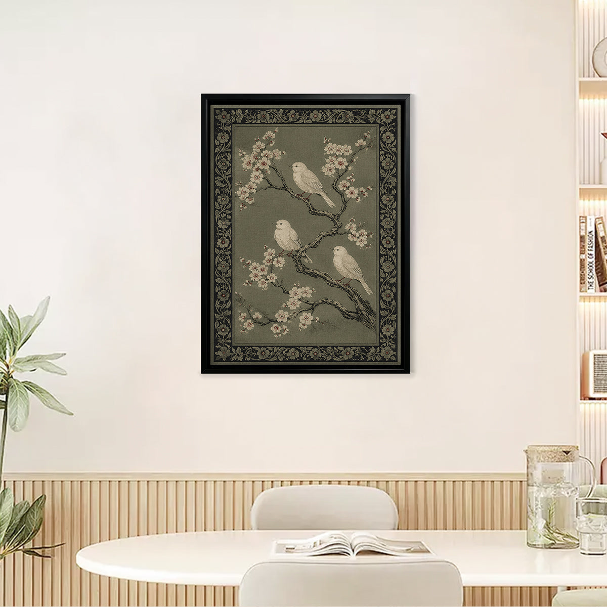 Framed Vintage Birds on Blossom Branches Art Print, Elegant Home Decor for Living Room or Staircase