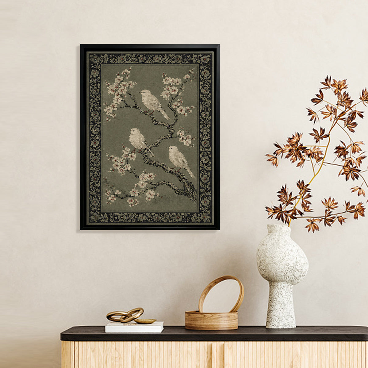 Framed Vintage Birds on Blossom Branches Art Print, Elegant Home Decor for Living Room or Staircase