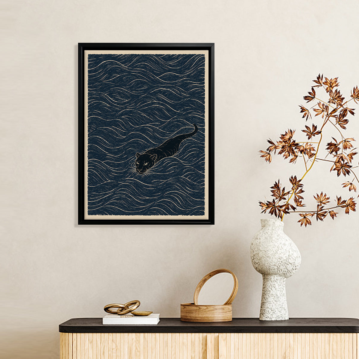 Framed Art Print of a Swimming Black Panther in Ocean Waves, Modern Home Decor, High-Quality Matte Finish