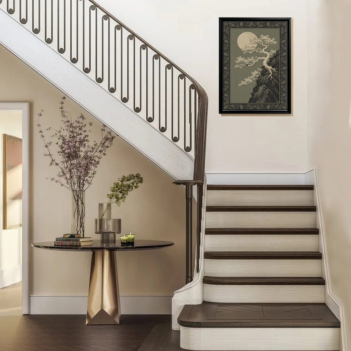 Framed Moonlit Pine Tree Art Print, Vintage Japanese Style, High-Quality Canvas, Perfect for Home Decor in Any Room