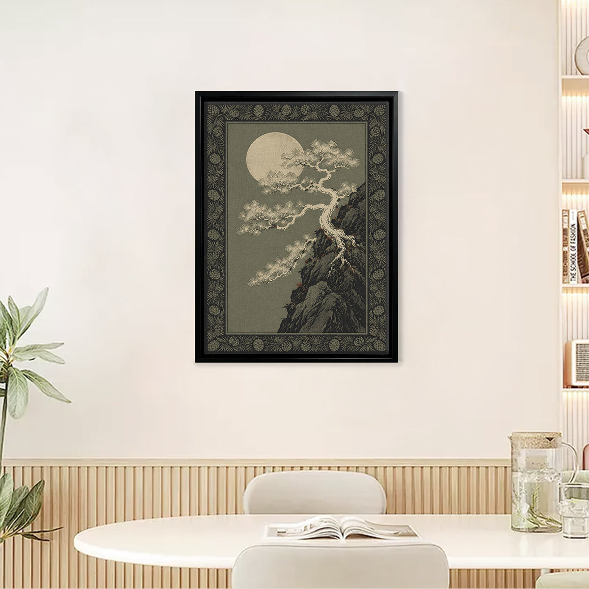 Framed Moonlit Pine Tree Art Print, Vintage Japanese Style, High-Quality Canvas, Perfect for Home Decor in Any Room