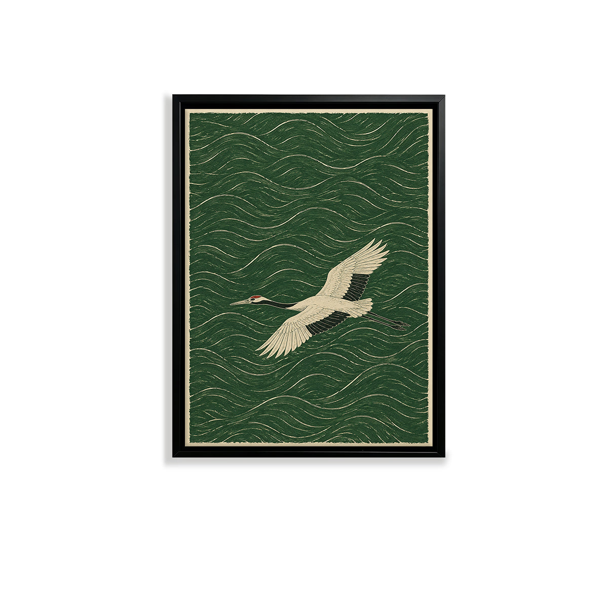 Framed Crane Art Print with Wave Pattern, Vintage Style, High-Quality Paper, Perfect Home Decor for Any Room