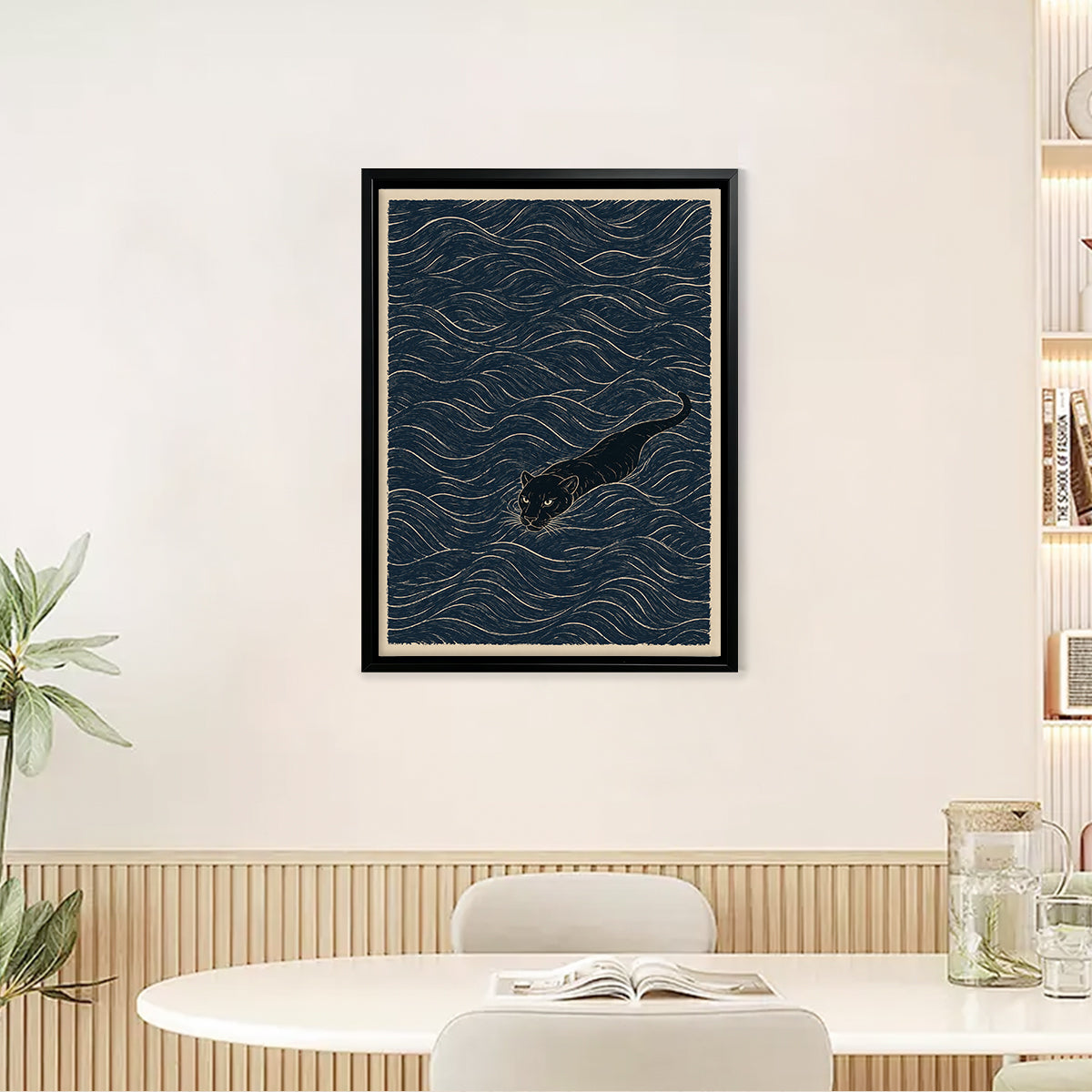 Framed Art Print of a Swimming Black Panther in Ocean Waves, Modern Home Decor, High-Quality Matte Finish