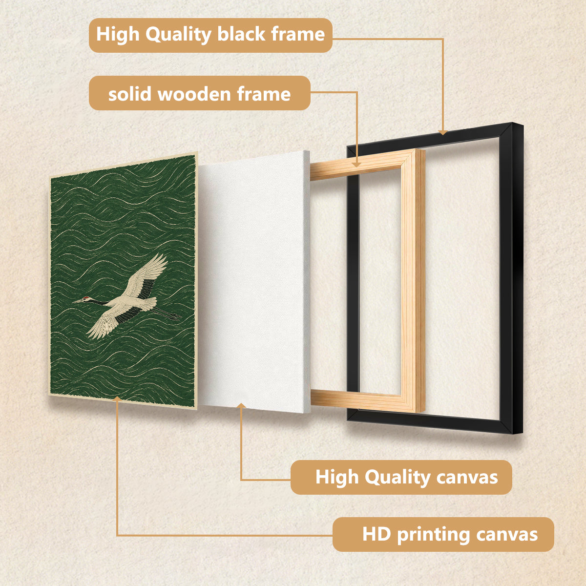 Framed Crane Art Print with Wave Pattern, Vintage Style, High-Quality Paper, Perfect Home Decor for Any Room