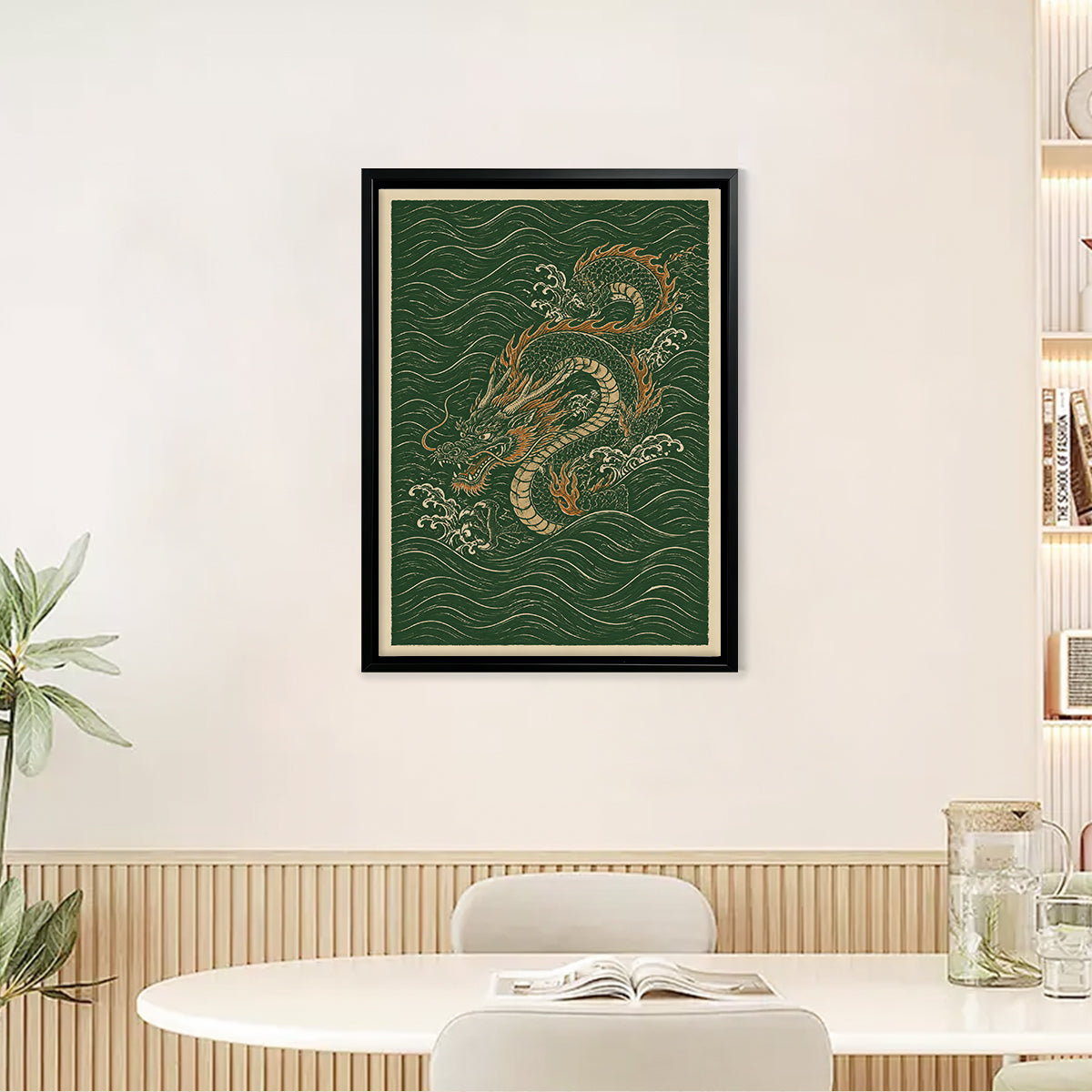 Framed Oriental Dragon Art Print, Vintage Style, High-Quality Giclee on Canvas, Perfect for Home Decor in New York