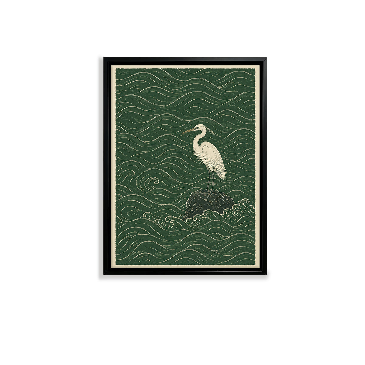 Framed Art Print of Heron on Rock Amidst Waves, Vintage Style, High-Quality Matte Finish, Perfect Home Decor for Living Room or Bedroom