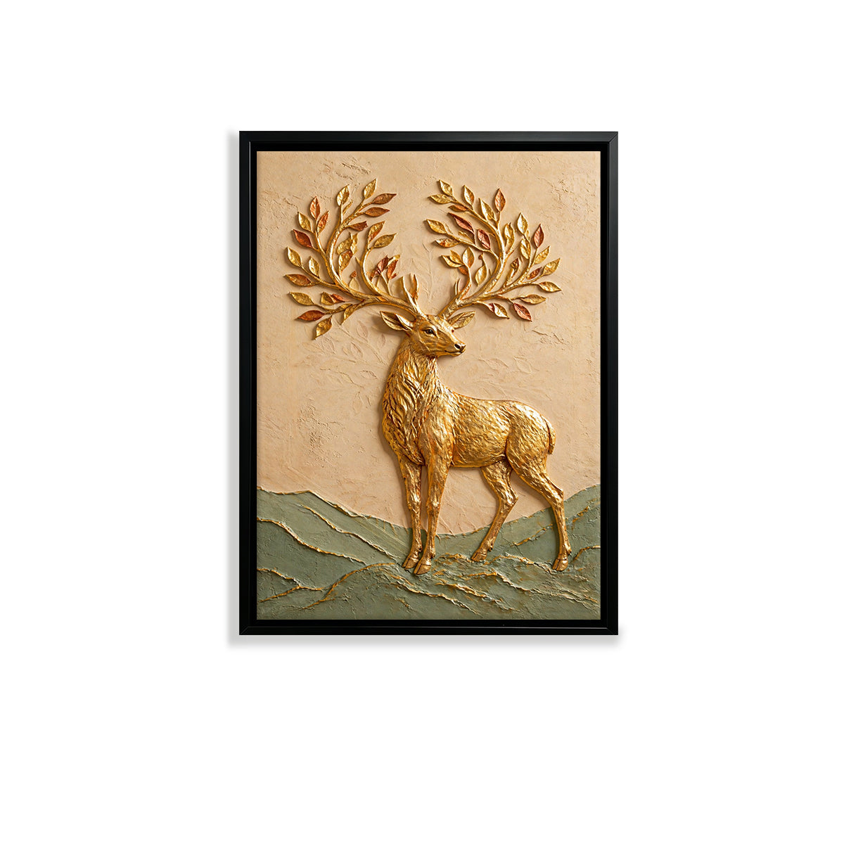Golden Deer Wall Art Sculpture, 3D Relief, Handcrafted Home Decor for Living Room or Staircase