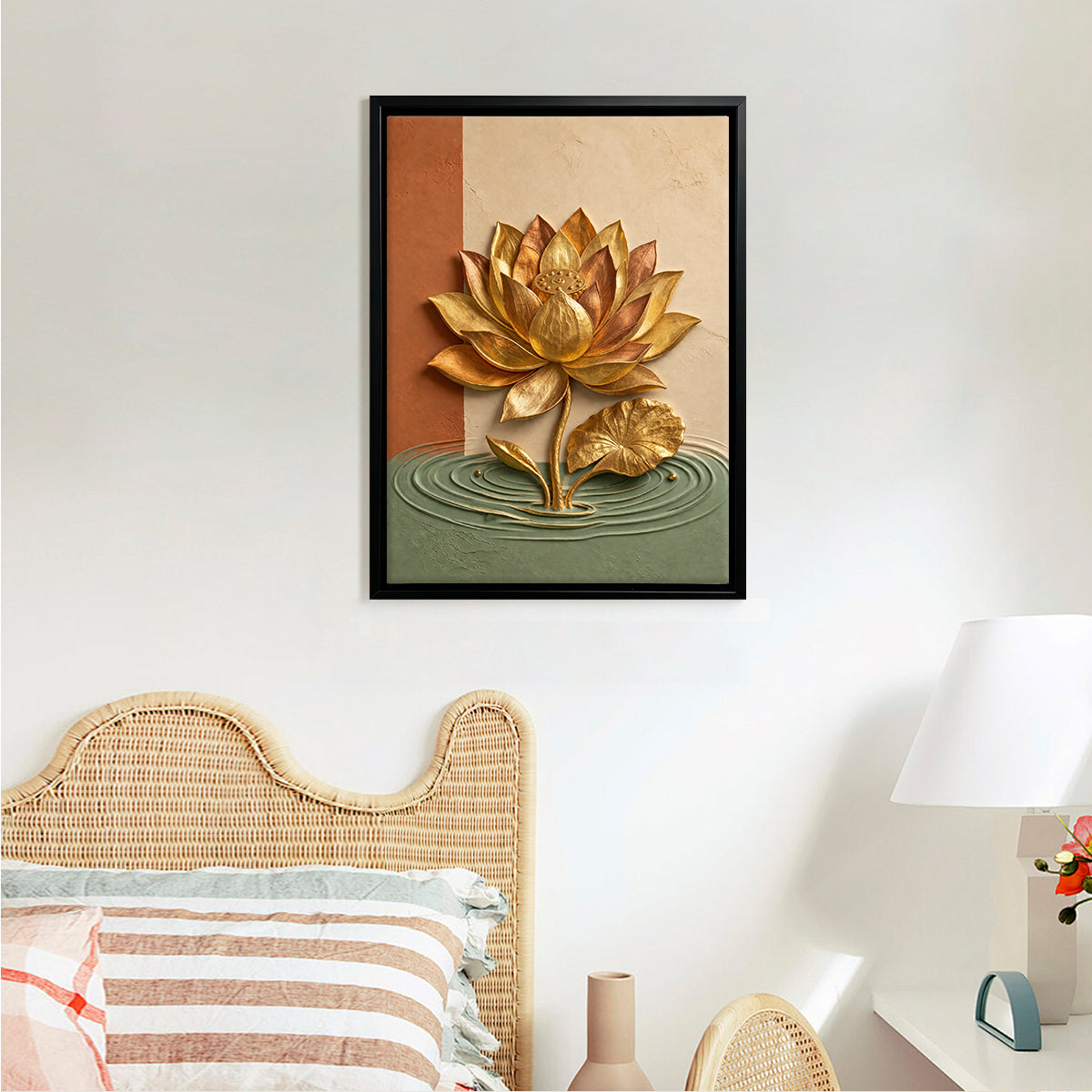 Golden Lotus Wall Art, Modern Abstract Painting, High-Quality Framed Canvas, Perfect for Home Decor in California