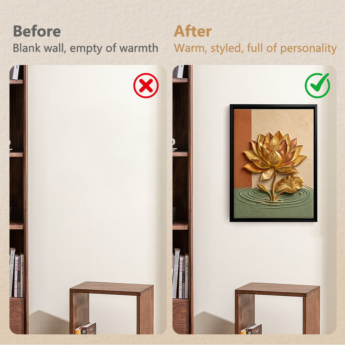 Golden Lotus Wall Art, Modern Abstract Painting, High-Quality Framed Canvas, Perfect for Home Decor in California