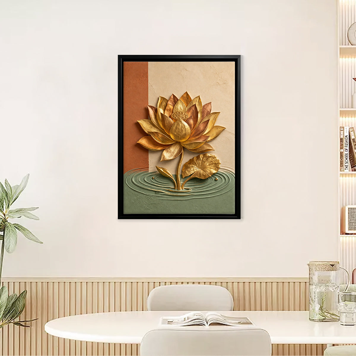 Golden Lotus Wall Art, Modern Abstract Painting, High-Quality Framed Canvas, Perfect for Home Decor in California