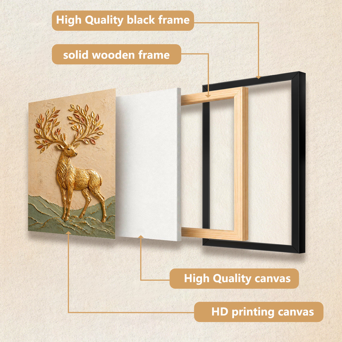 Golden Deer Wall Art Sculpture, 3D Relief, Handcrafted Home Decor for Living Room or Staircase