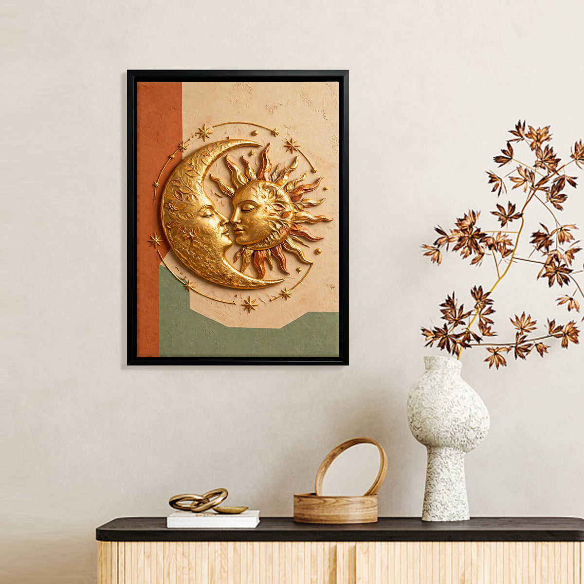 Framed Sun and Moon Wall Art, Vintage Style, Gold Finish, Perfect for Home Decor in Any Room