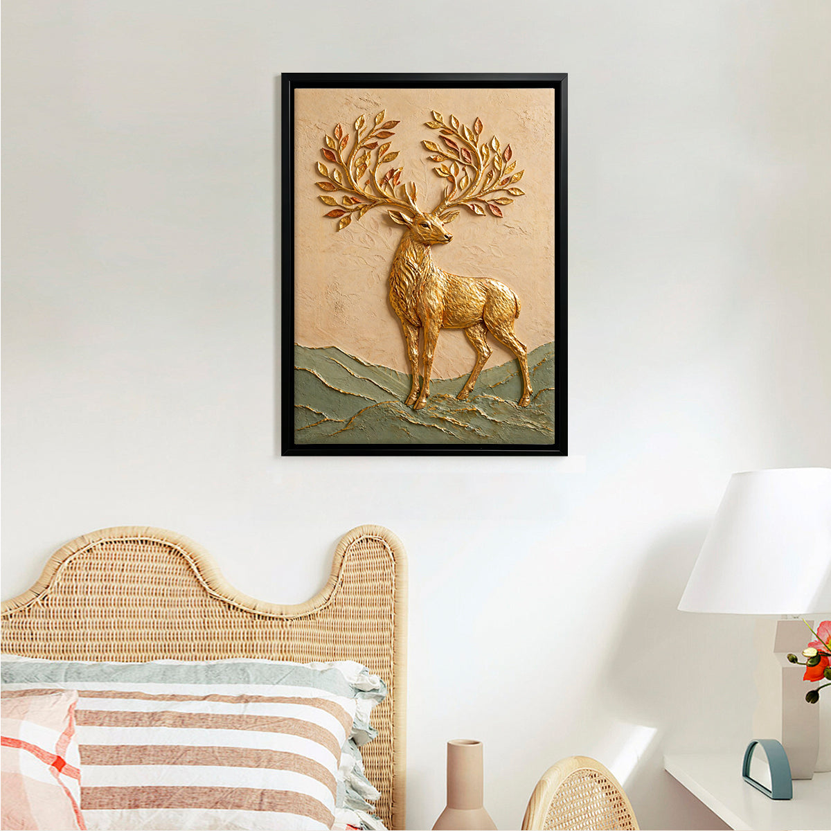 Golden Deer Wall Art Sculpture, 3D Relief, Handcrafted Home Decor for Living Room or Staircase