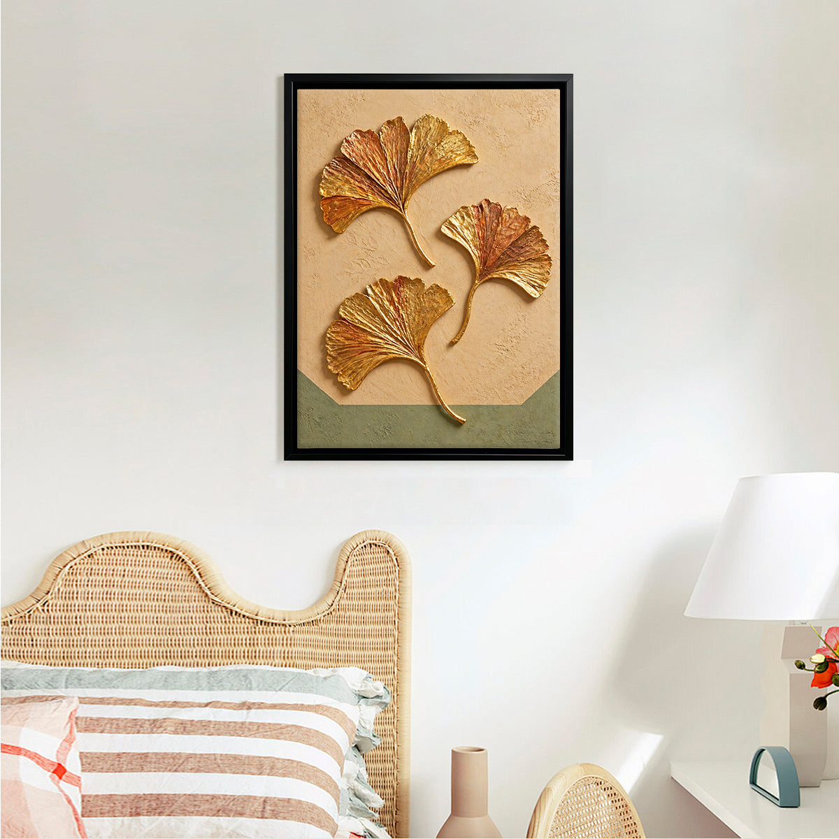 Framed Ginkgo Leaf Art Print, Modern Decorative Wall Hanging, Gold Accents, Perfect for Home or Office in California
