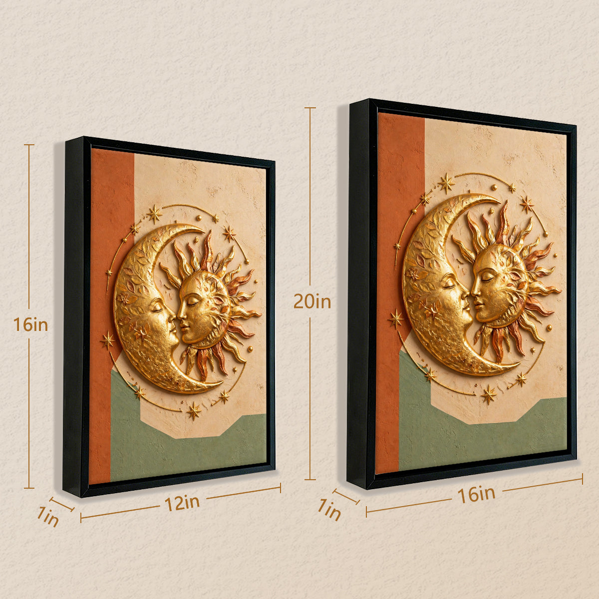 Framed Sun and Moon Wall Art, Vintage Style, Gold Finish, Perfect for Home Decor in Any Room
