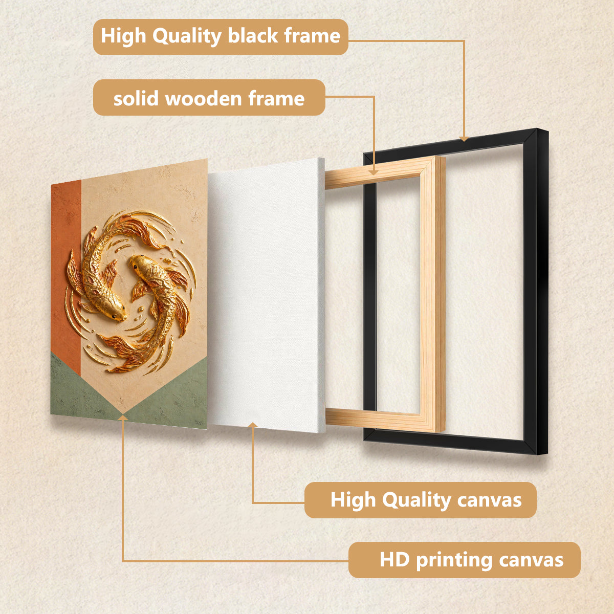 Framed Golden Koi Fish Artwork, Modern Asian-Inspired Design, High-Quality Craftsmanship, Perfect Home Decor for Living Room or Office