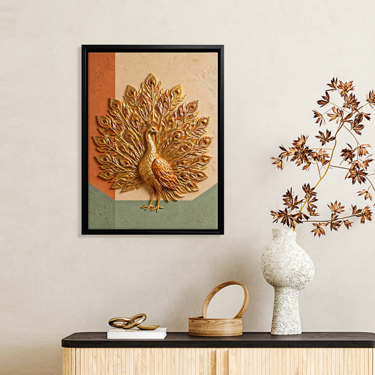 Framed Golden Peacock Wall Art, Modern Embossed Design, Perfect for Living Room or Office Decoration
