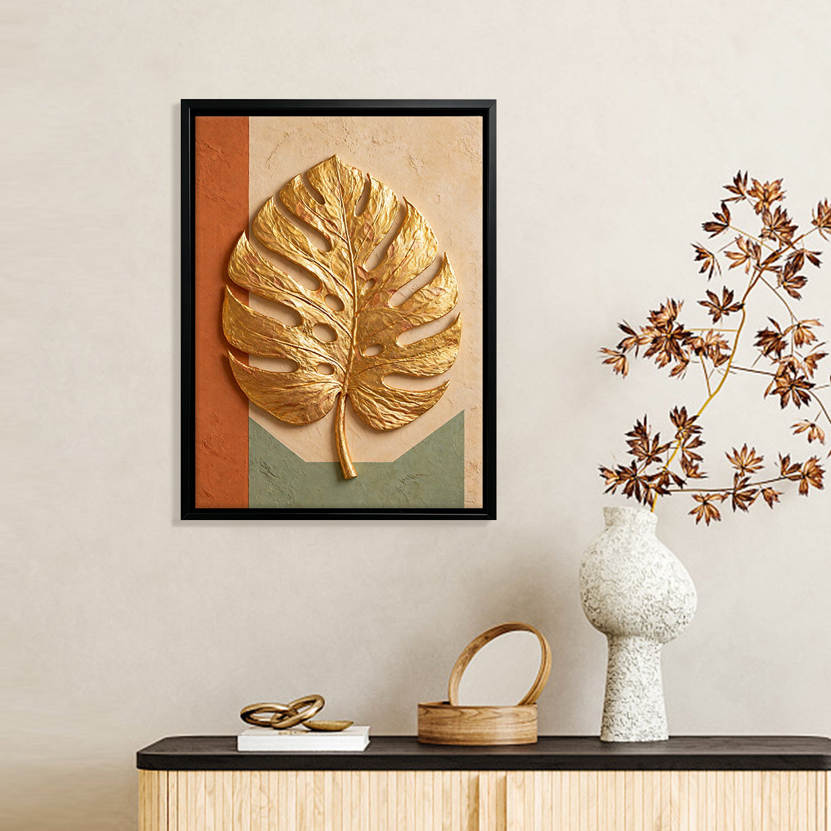 Framed Golden Monstera Leaf Art Print, Modern Tropical Design, High-Quality Matte Finish, Perfect Home Decor for Living Room or Bedroom
