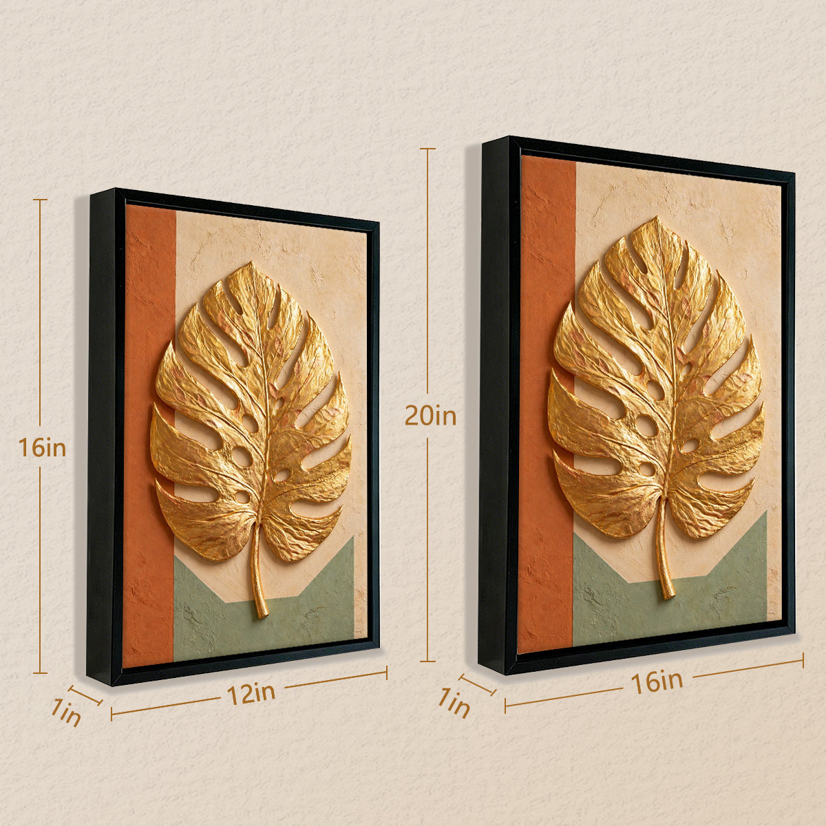 Framed Golden Monstera Leaf Art Print, Modern Tropical Design, High-Quality Matte Finish, Perfect Home Decor for Living Room or Bedroom