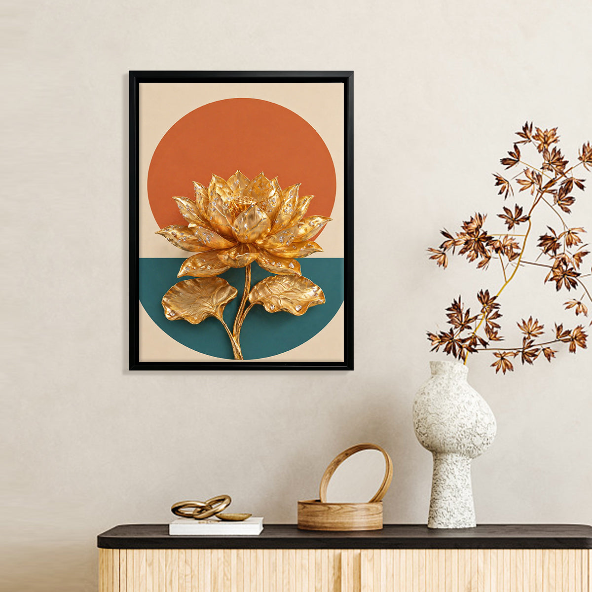 Golden Lotus Wall Art Print, Modern Abstract Design, High-Quality Framed Canvas, Perfect for Home Decor in California