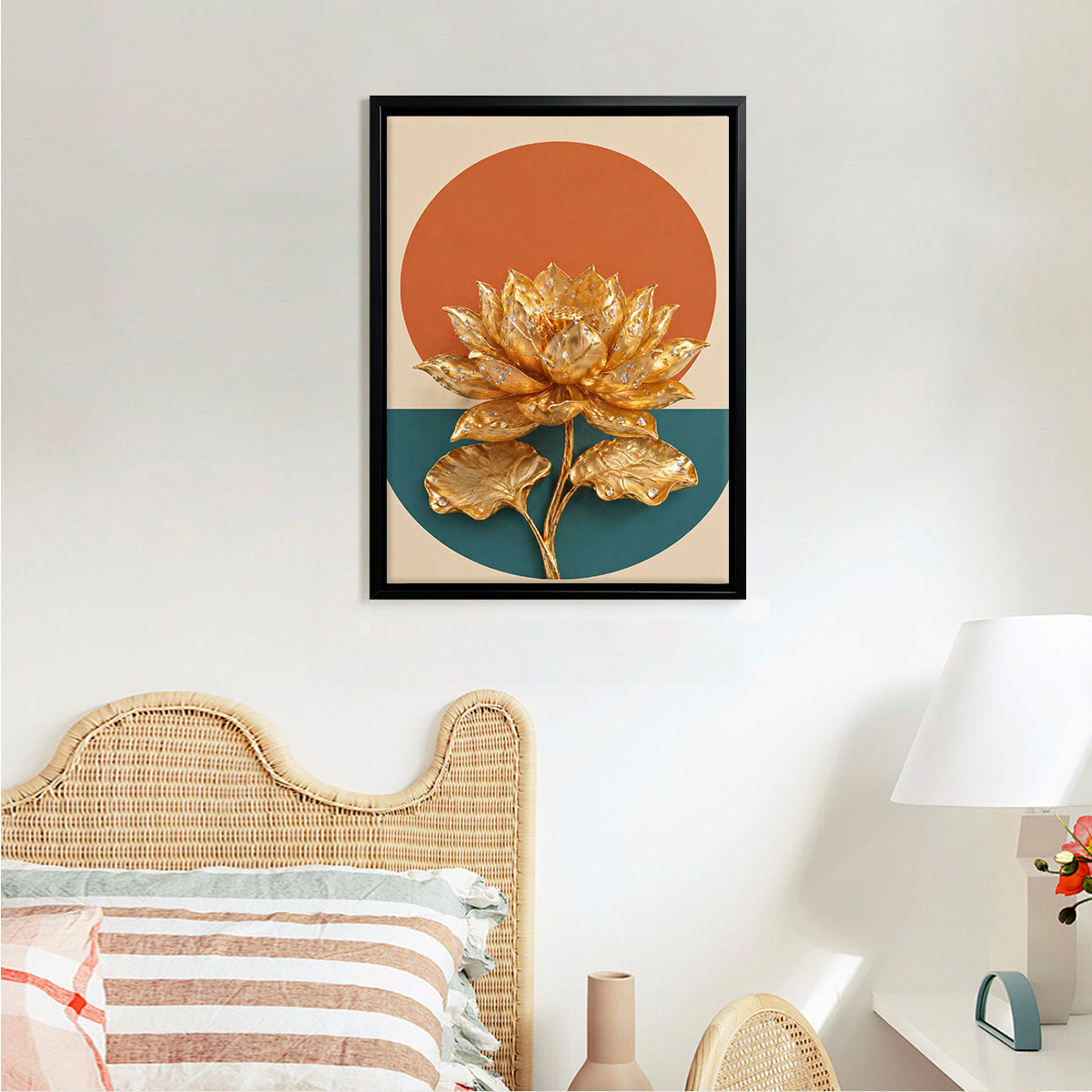 Golden Lotus Wall Art Print, Modern Abstract Design, High-Quality Framed Canvas, Perfect for Home Decor in California