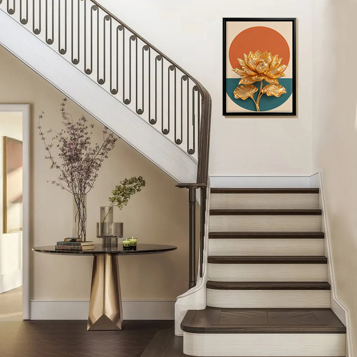 Golden Lotus Wall Art Print, Modern Abstract Design, High-Quality Framed Canvas, Perfect for Home Decor in California