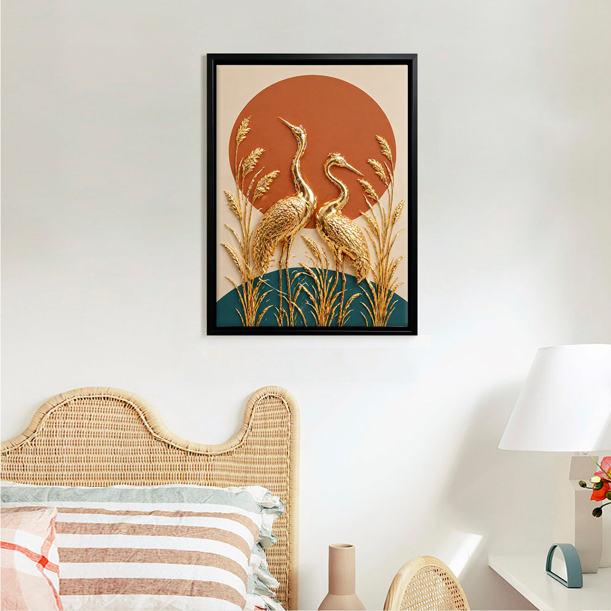 Golden Crane Wall Art, Modern Abstract Canvas Print, Decorative Home Accents for Living Room or Bedroom