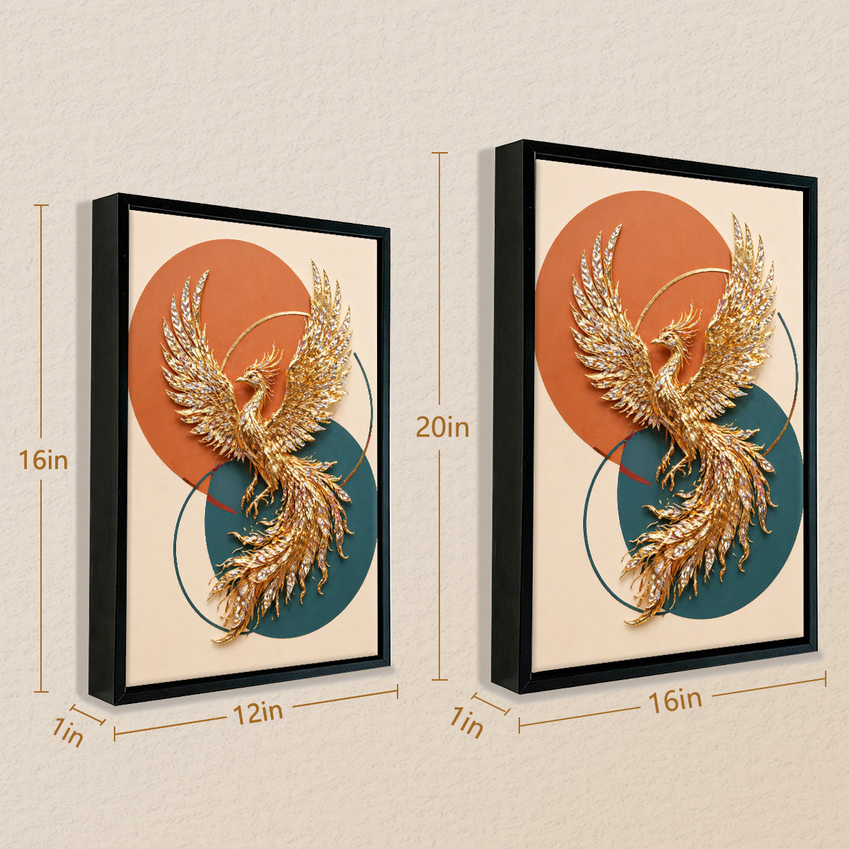 Framed Phoenix Artwork, Golden Bird Design, Modern Home Decor, Perfect for Living Room or Office, Unique Gift