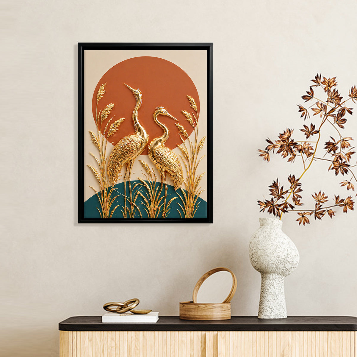 Golden Crane Wall Art, Modern Abstract Canvas Print, Decorative Home Accents for Living Room or Bedroom