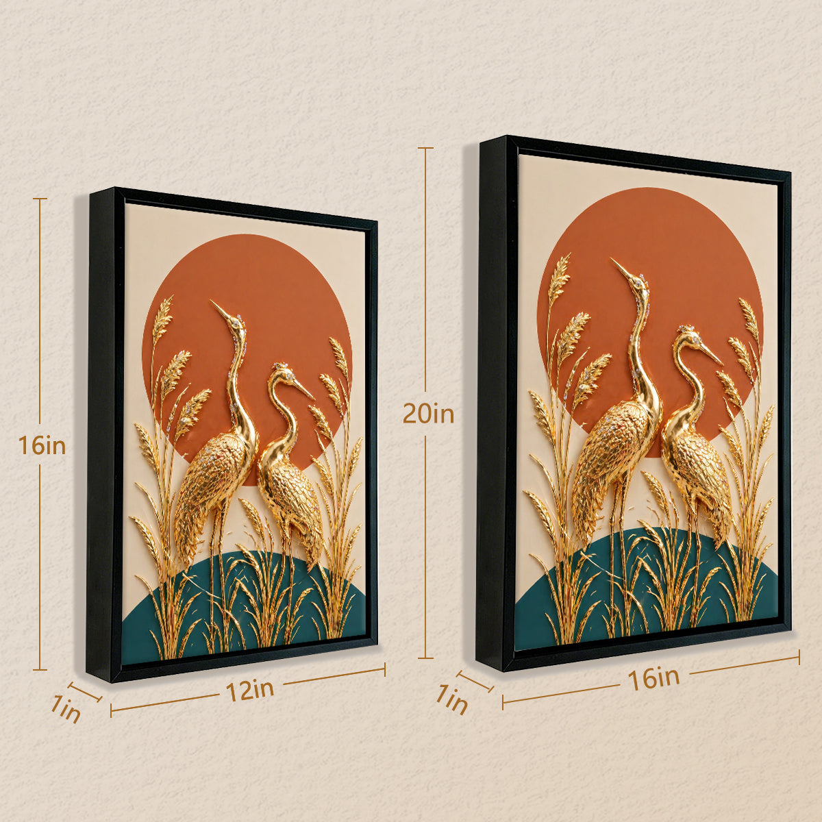 Golden Crane Wall Art, Modern Abstract Canvas Print, Decorative Home Accents for Living Room or Bedroom