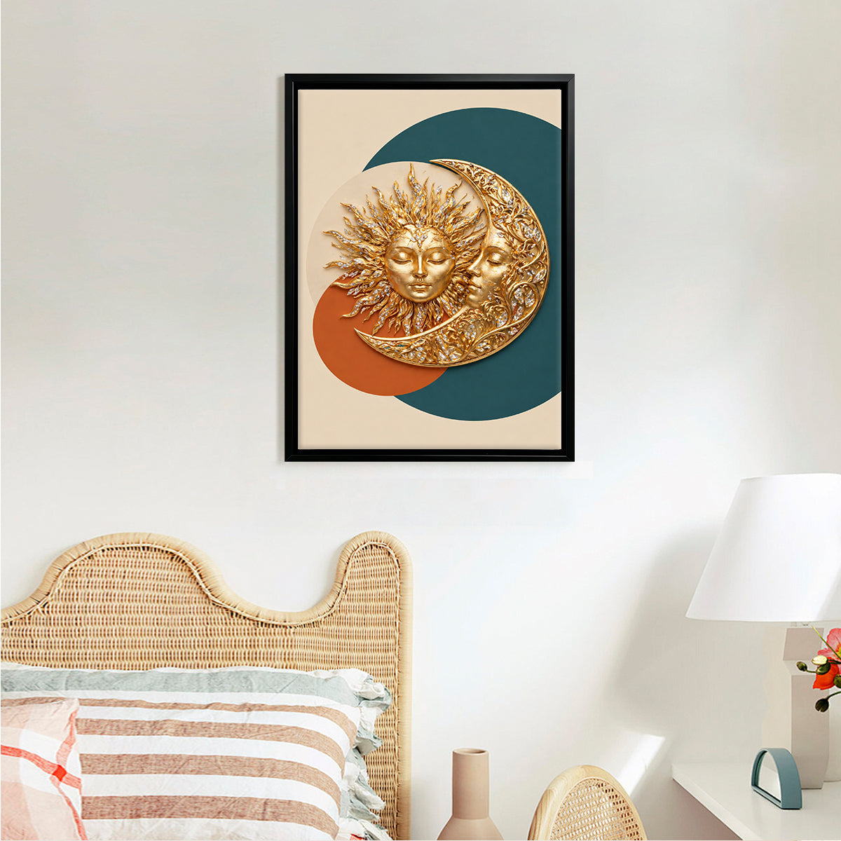 Modern Sun and Moon Wall Art Decor, Gold Finish, Abstract Design for Living Room or Bedroom
