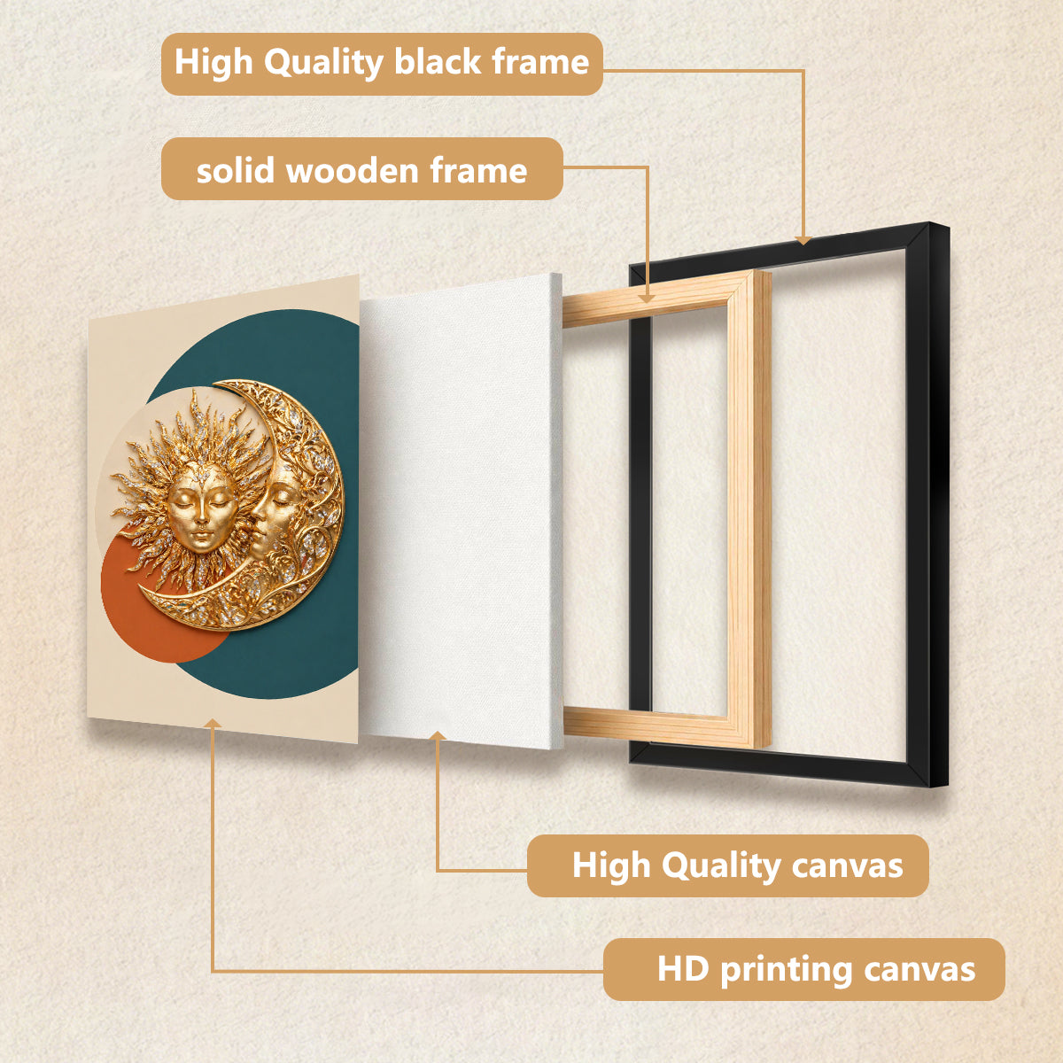 Modern Sun and Moon Wall Art Decor, Gold Finish, Abstract Design for Living Room or Bedroom