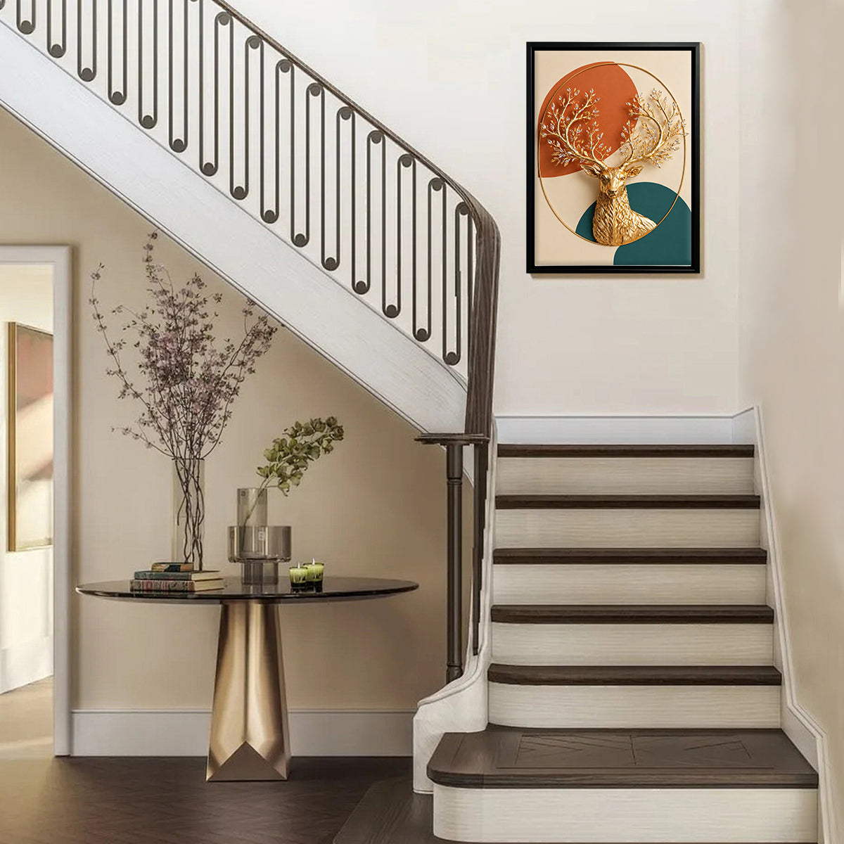 Modern Golden Deer Wall Art with Crystal Antlers, Nordic Style Decor for Living Room or Hallway
