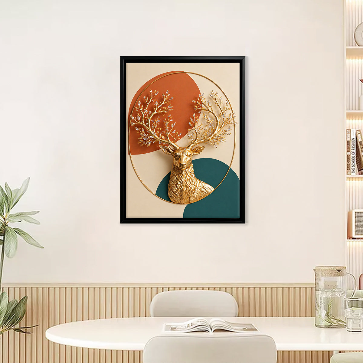Modern Golden Deer Wall Art with Crystal Antlers, Nordic Style Decor for Living Room or Hallway