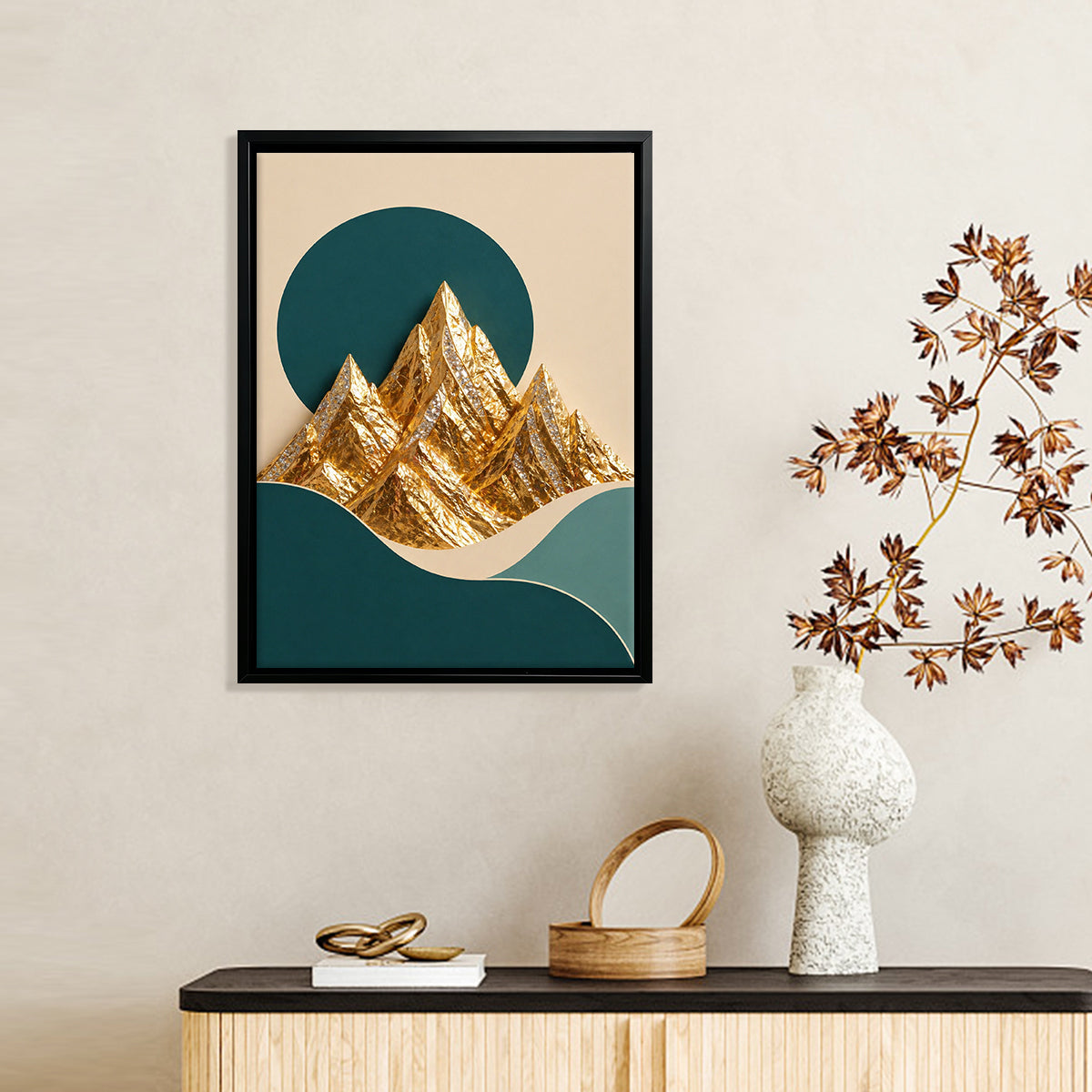 Abstract Golden Mountain Wall Art Print, Modern Nordic Style, Framed Canvas for Living Room or Office Decor