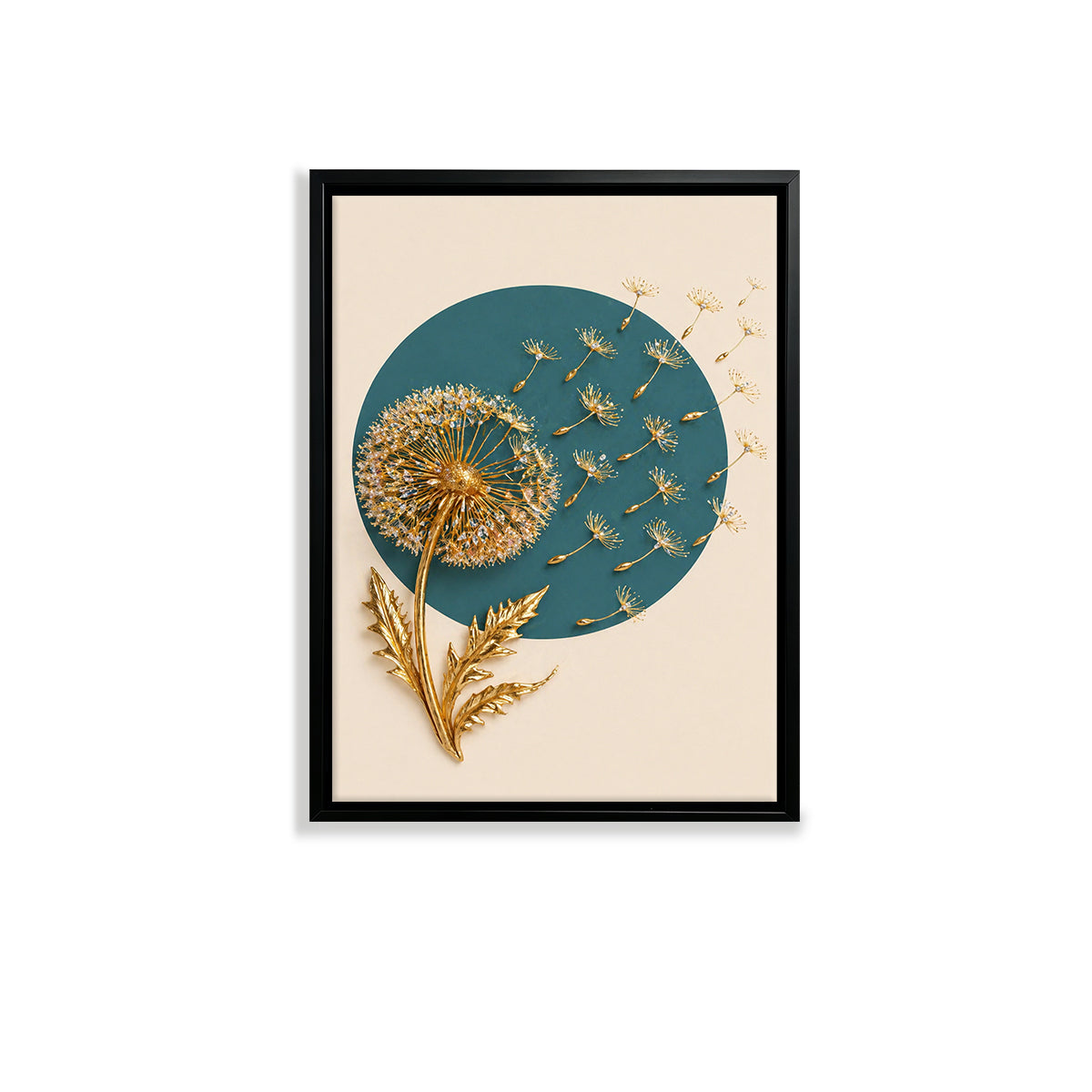Modern Dandelion Art Print with Gold Accents, Framed Wall Decor for Living Room or Bedroom