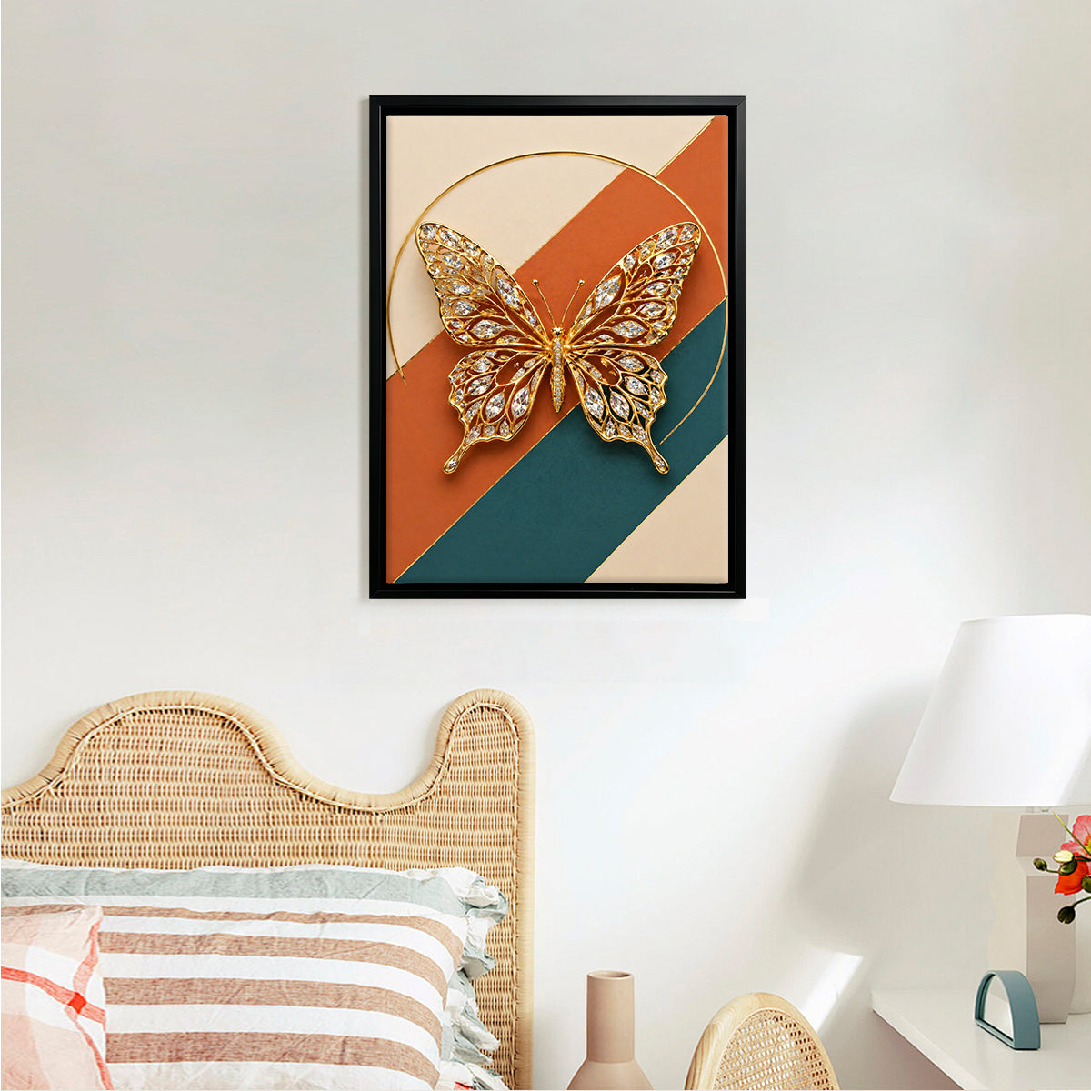 Framed Butterfly Art Print, Modern Abstract Design with Crystal Accents, Perfect Home Decor for Living Room or Bedroom