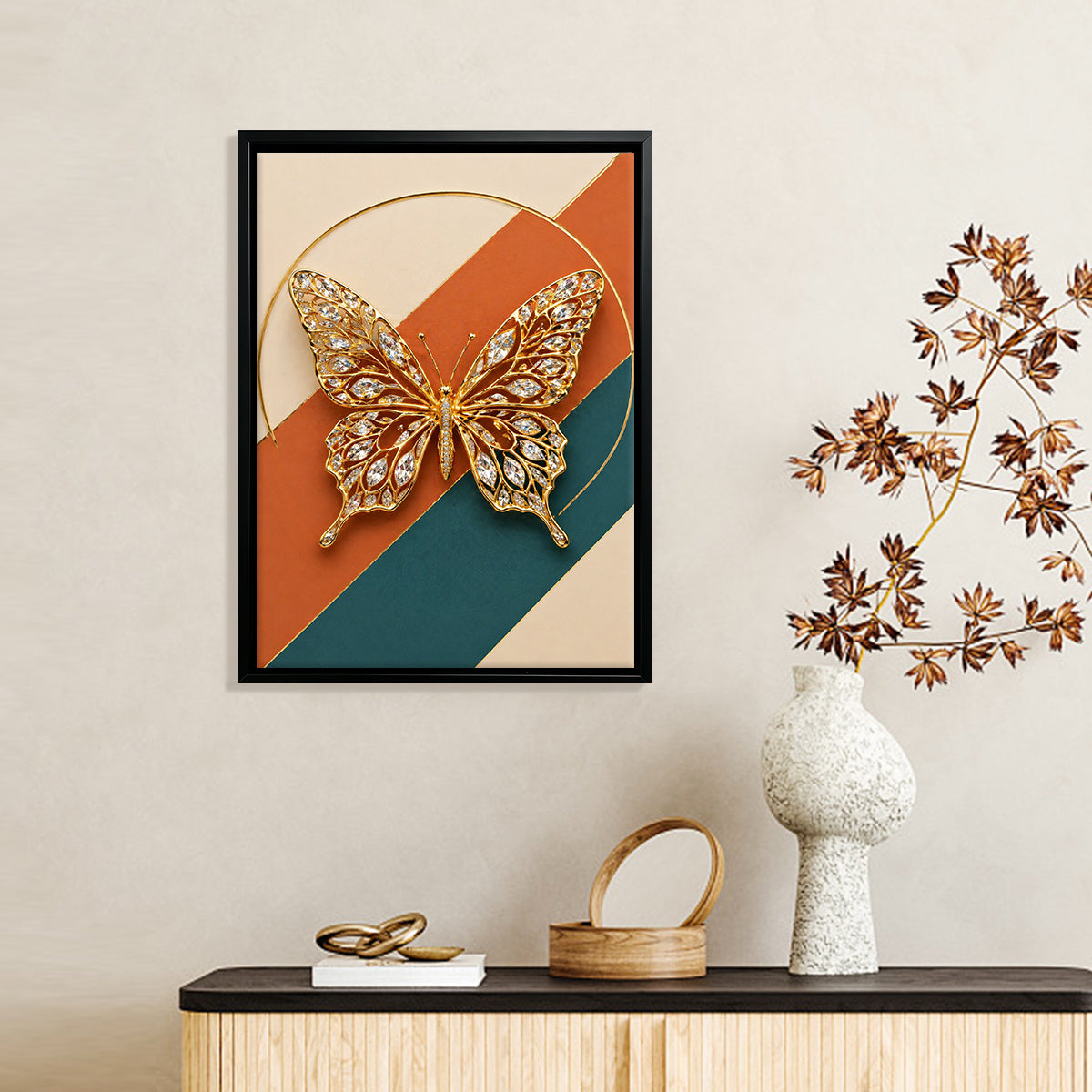 Framed Butterfly Art Print, Modern Abstract Design with Crystal Accents, Perfect Home Decor for Living Room or Bedroom