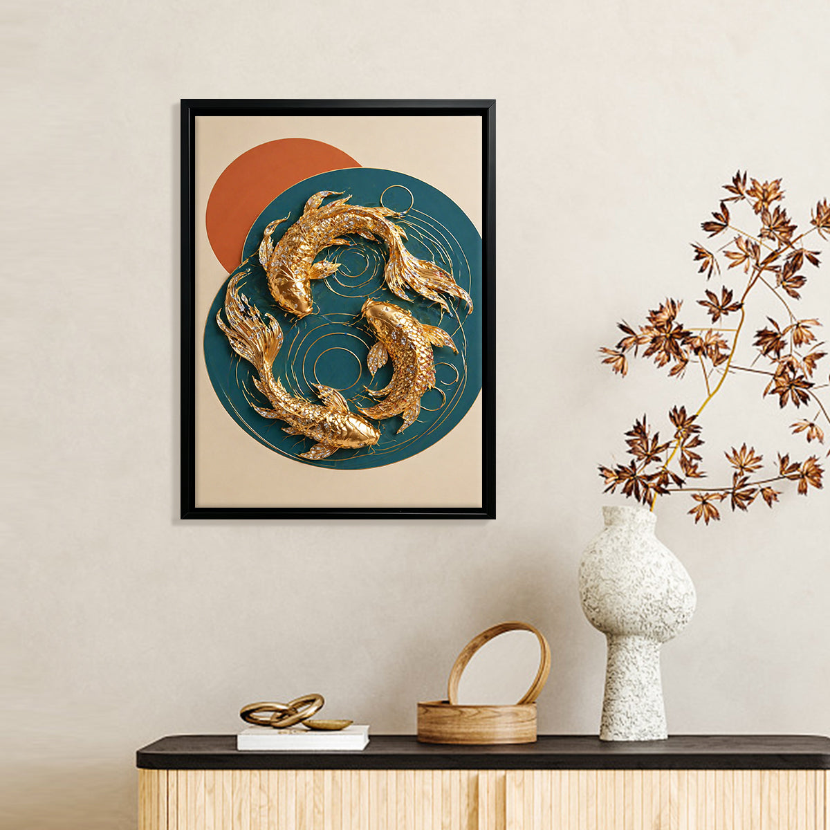 Modern Gold Fish Art Print, Abstract Design, Framed Wall Decor for Living Room or Office