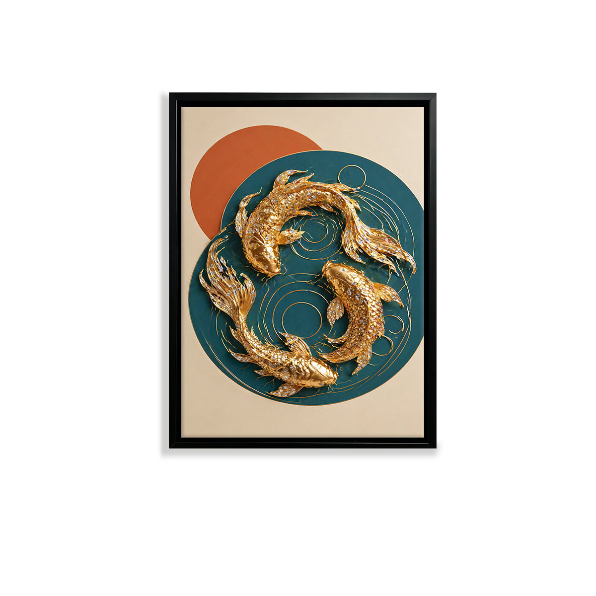 Modern Gold Fish Art Print, Abstract Design, Framed Wall Decor for Living Room or Office
