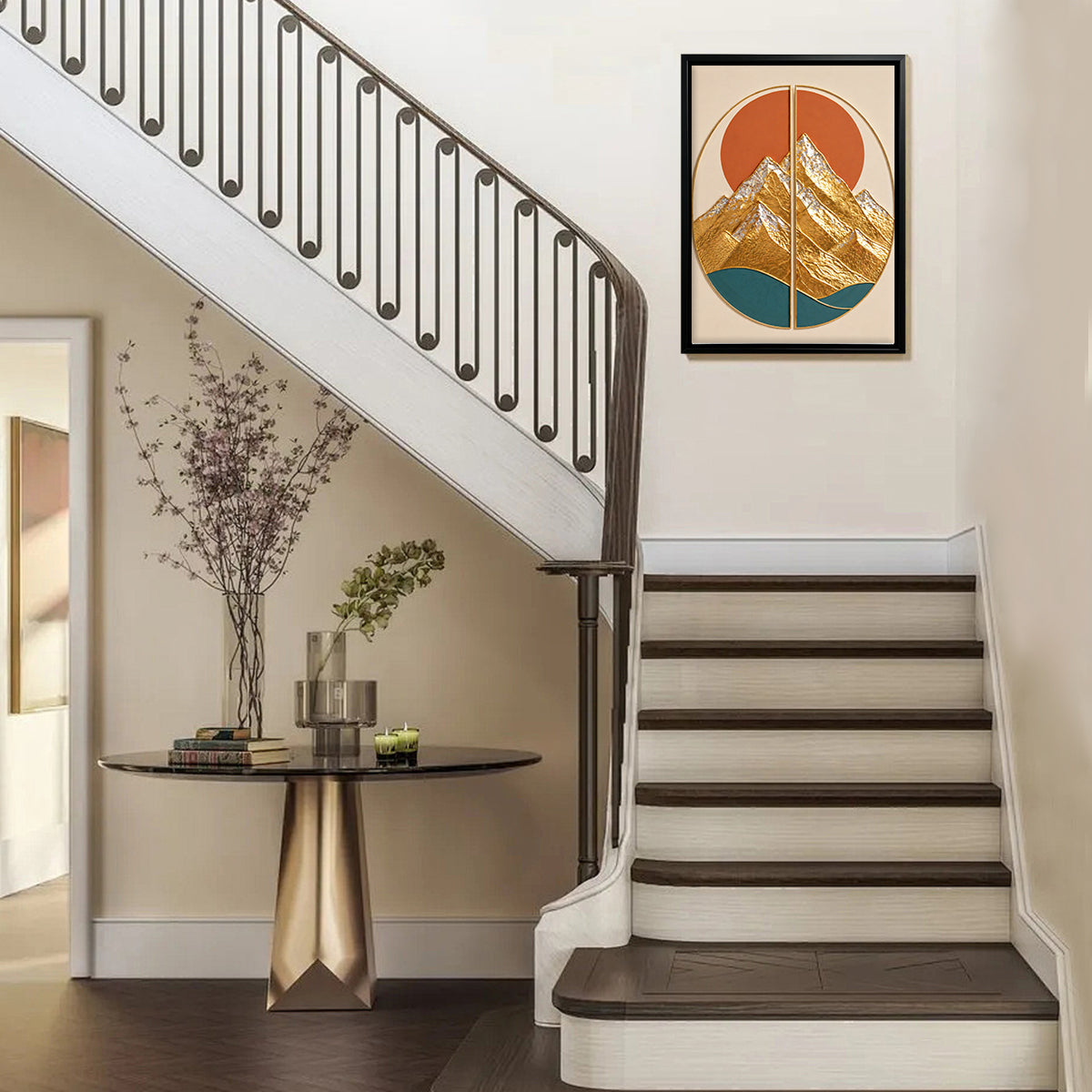 Modern Mountain Landscape Wall Art Print, Gold Foil Design, Home Decor for Living Room or Office
