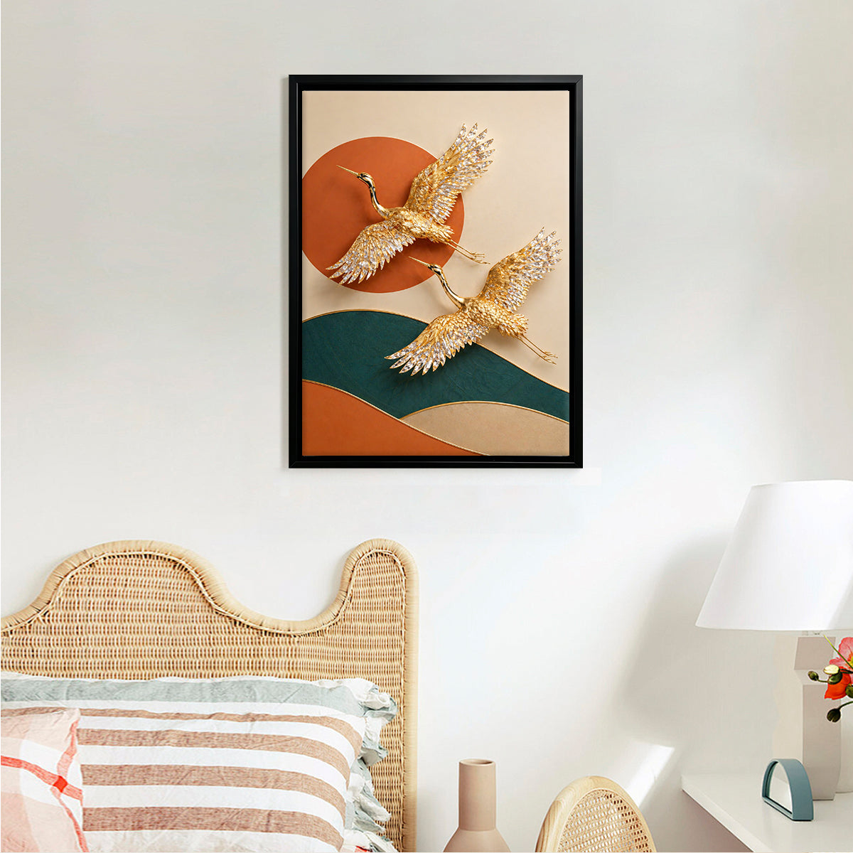 Modern Golden Crane Wall Art Print, Elegant Asian-Inspired Design, High-Quality Matte Finish, Perfect for Home Decor in Any Room