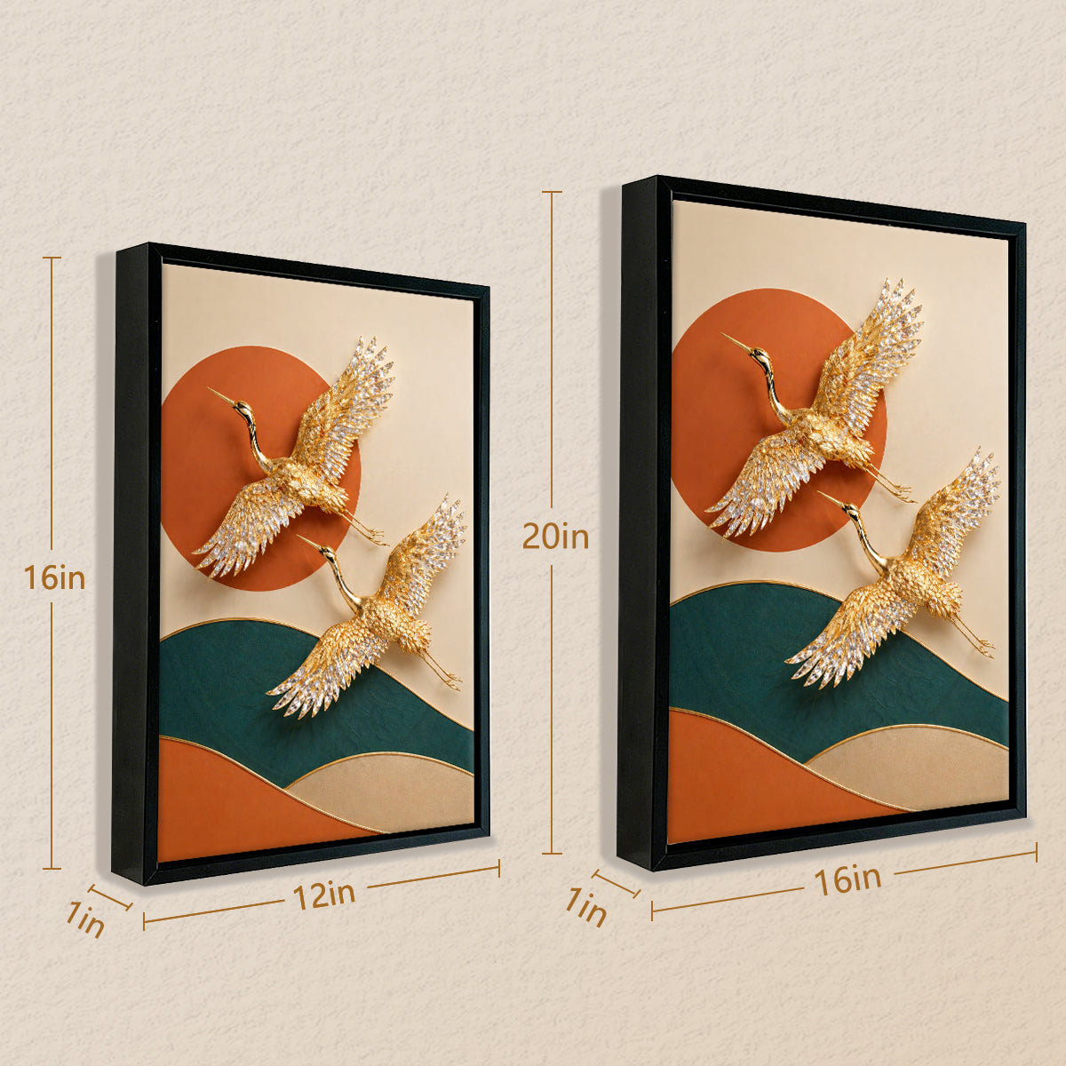 Modern Golden Crane Wall Art Print, Elegant Asian-Inspired Design, High-Quality Matte Finish, Perfect for Home Decor in Any Room