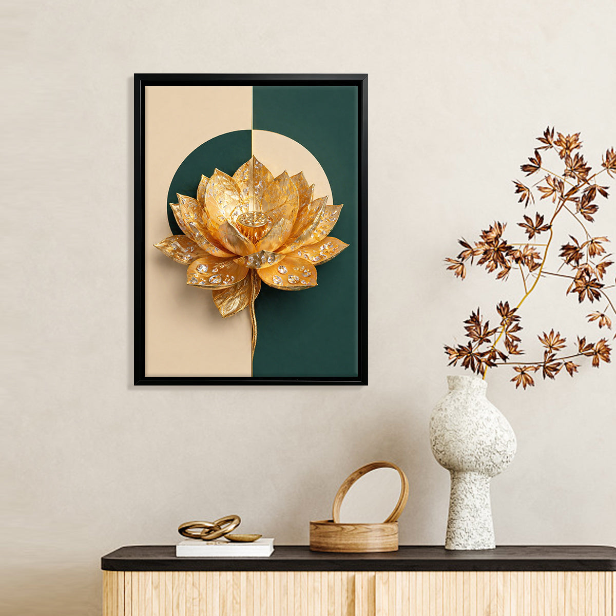 Modern Golden Lotus Flower Art Print, Elegant Home Decor, High-Quality Framed Wall Art for Living Room or Office
