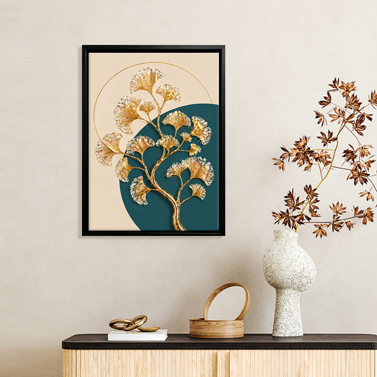 Modern Golden Ginkgo Leaf Artwork, Abstract Wall Decor for Living Room or Office, Elegant Home Accents
