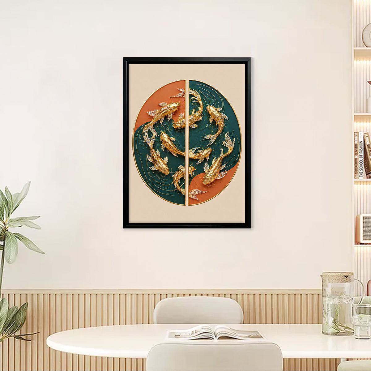 Modern Golden Fish Artwork, Circular Design, Premium Framed Painting for Home Decor, Perfect Gift