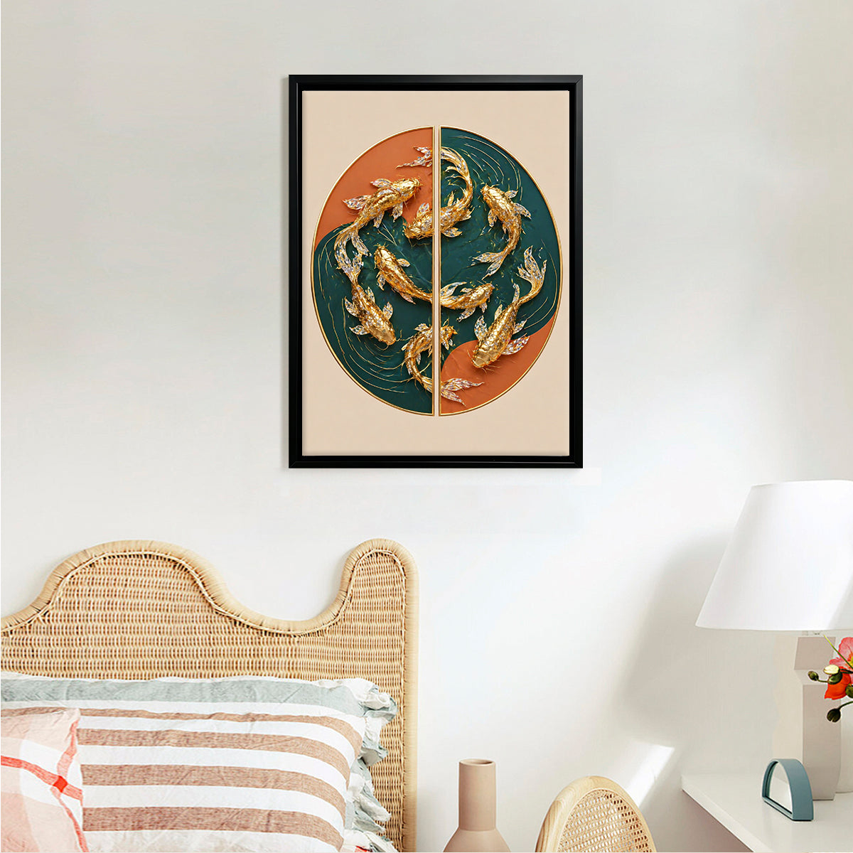 Modern Golden Fish Artwork, Circular Design, Premium Framed Painting for Home Decor, Perfect Gift
