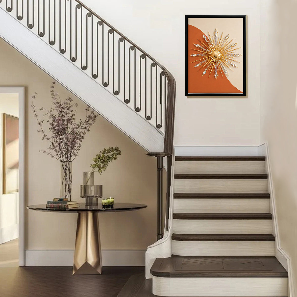 Modern Sunburst Wall Art, Gold & Crystal Accents, Framed Decor for Living Room or Office